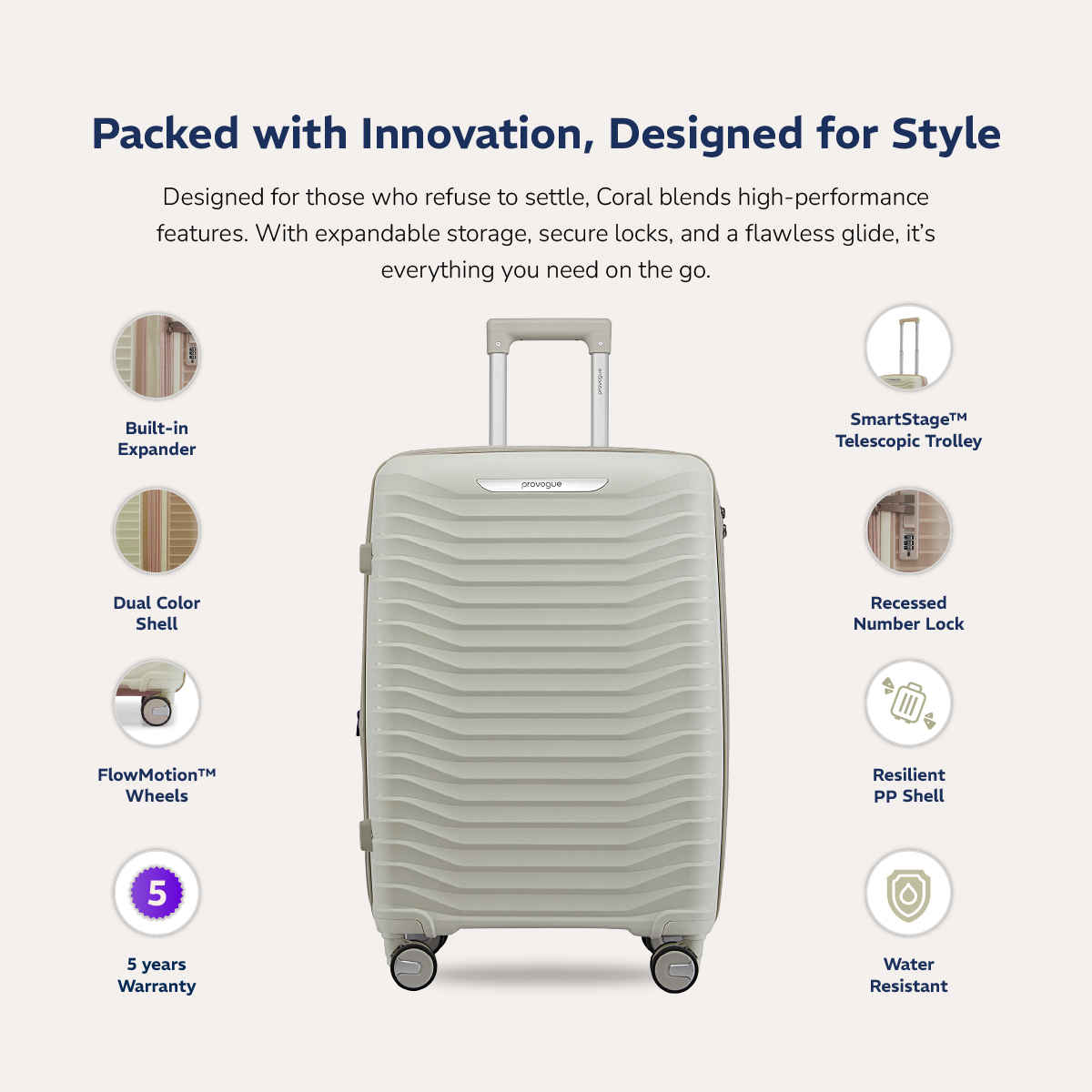 Provogue Coral Hard-Sided PP Medium Luggage Trolley Bag | Grey Cloud-timberwolf Grey - 65 cm