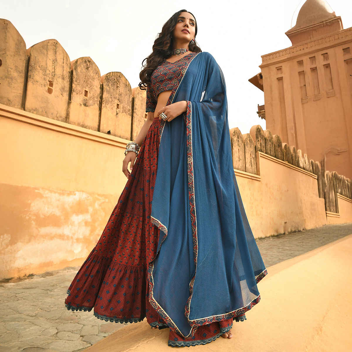 Janasya Women's Cotton Block Print Lehenga Choli with Dupatta | J0484 | Maroon - S