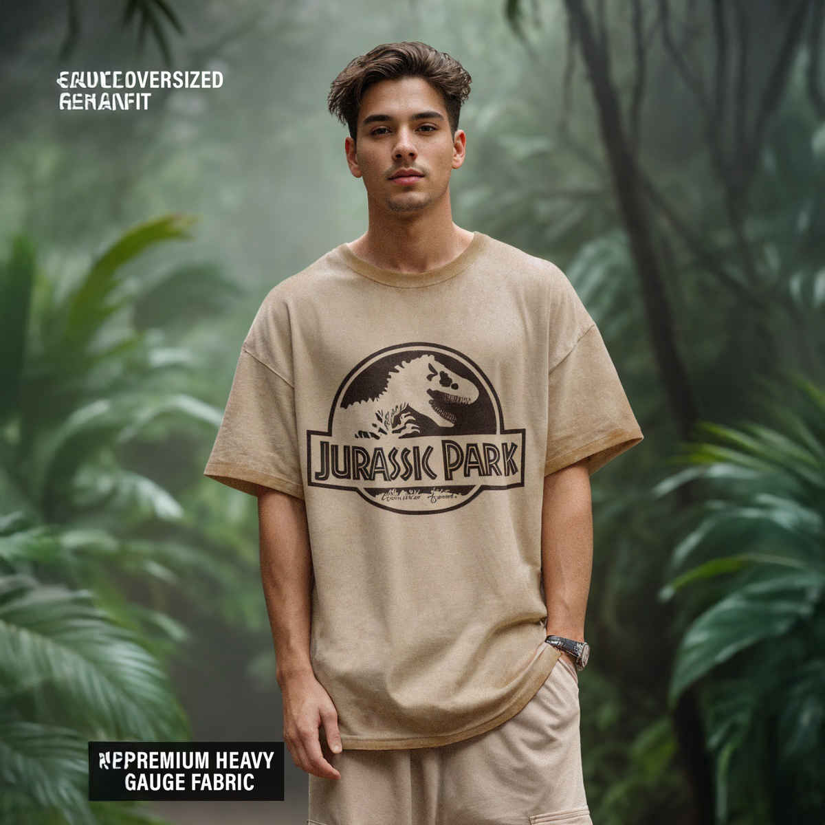 The Souled Store Men's Jurassic Park Logo Oversized T-shirt | Brown - M