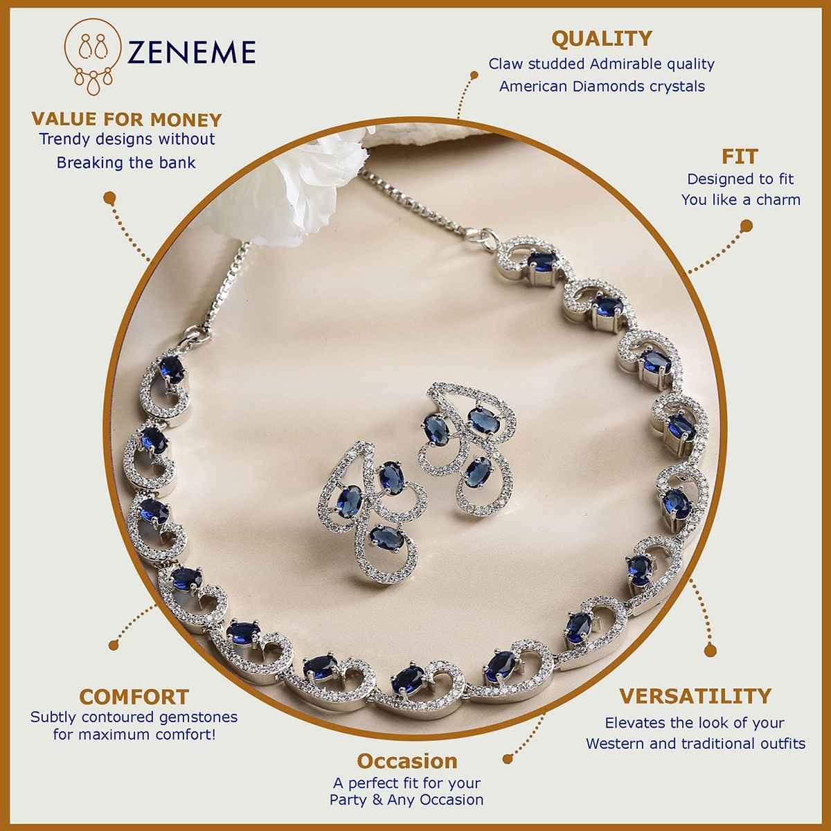 Zeneme Rhodium-Plated Silver-Toned Blue American Diamond Necklace Set & Earrings For Women & Girls