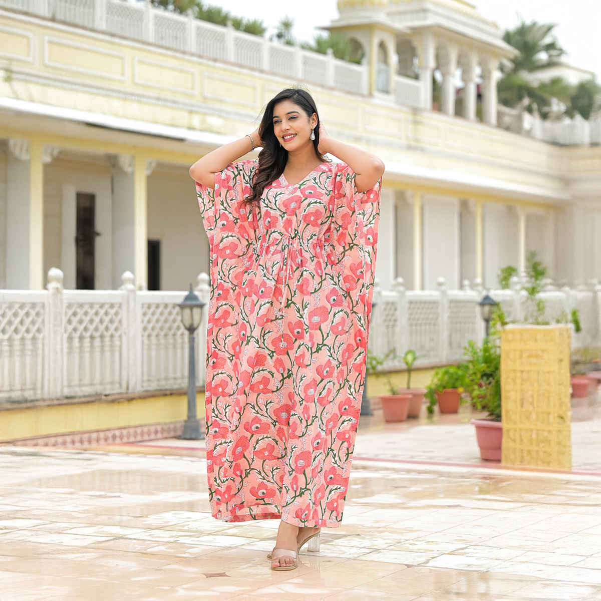Divena Women's Floral Cotton Kaftan Dress | DK2227 | Pink - S