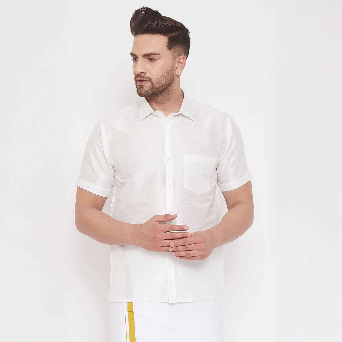 Vastramay Men's Ethnic Shirt | White Silk Blend - XL