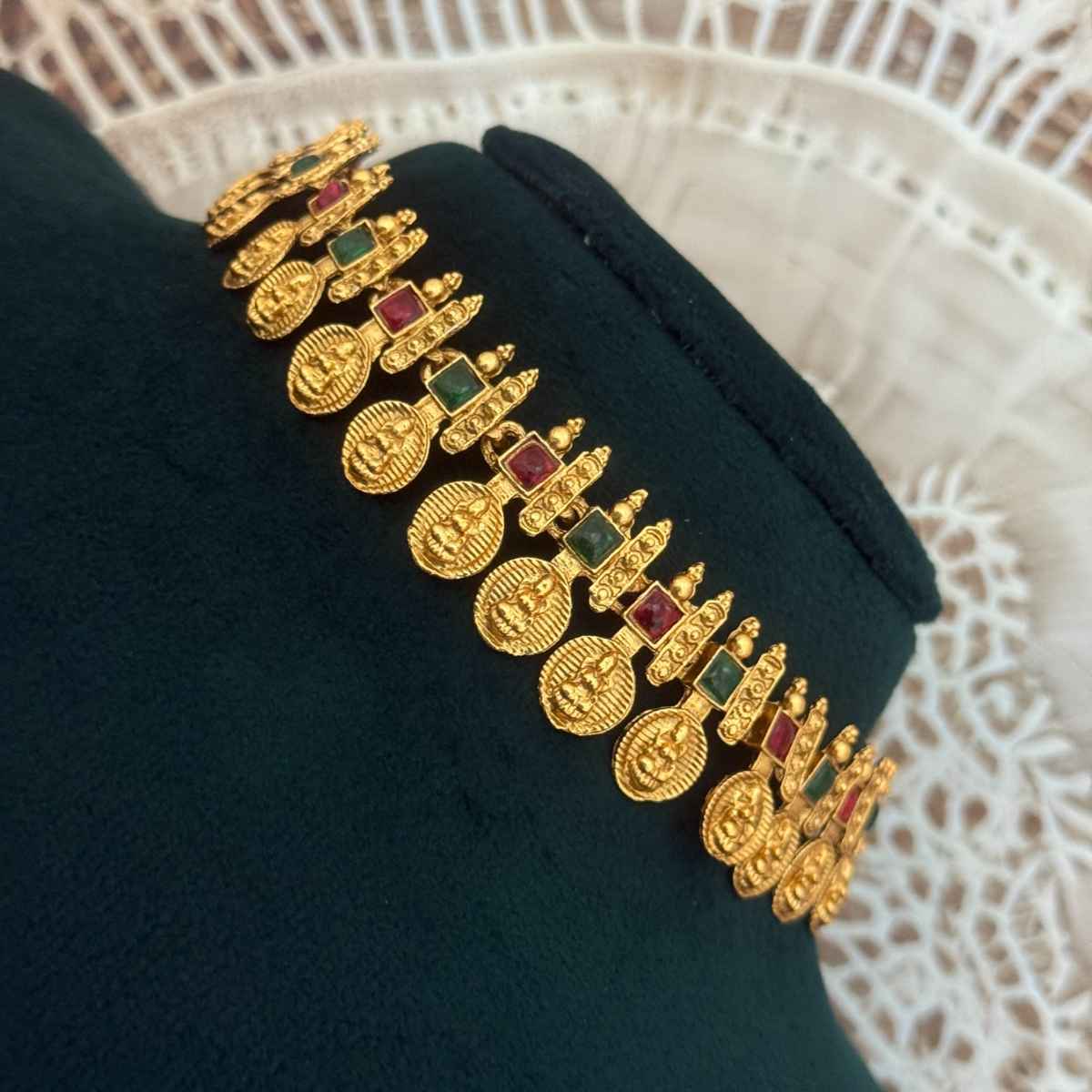 The Opal Factory Choker Necklace Set Laxmi Coin Motifs | Red and Green Stone Work & Jhumki Earrings