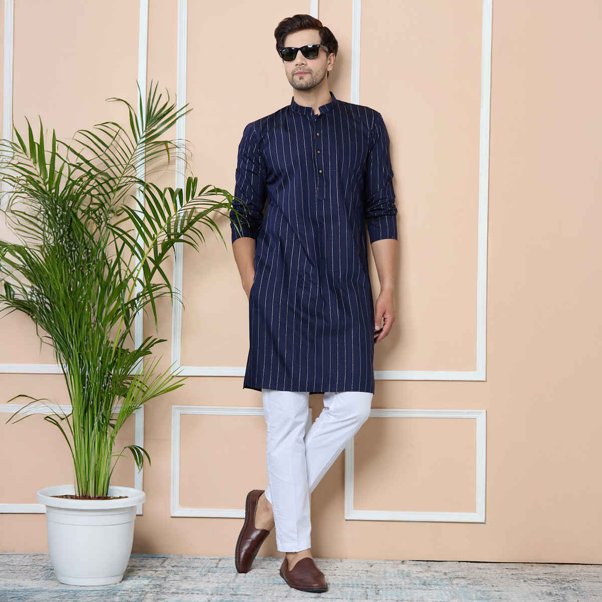 See Designs Men's Thread Work Straight Kurta | Navy - XL