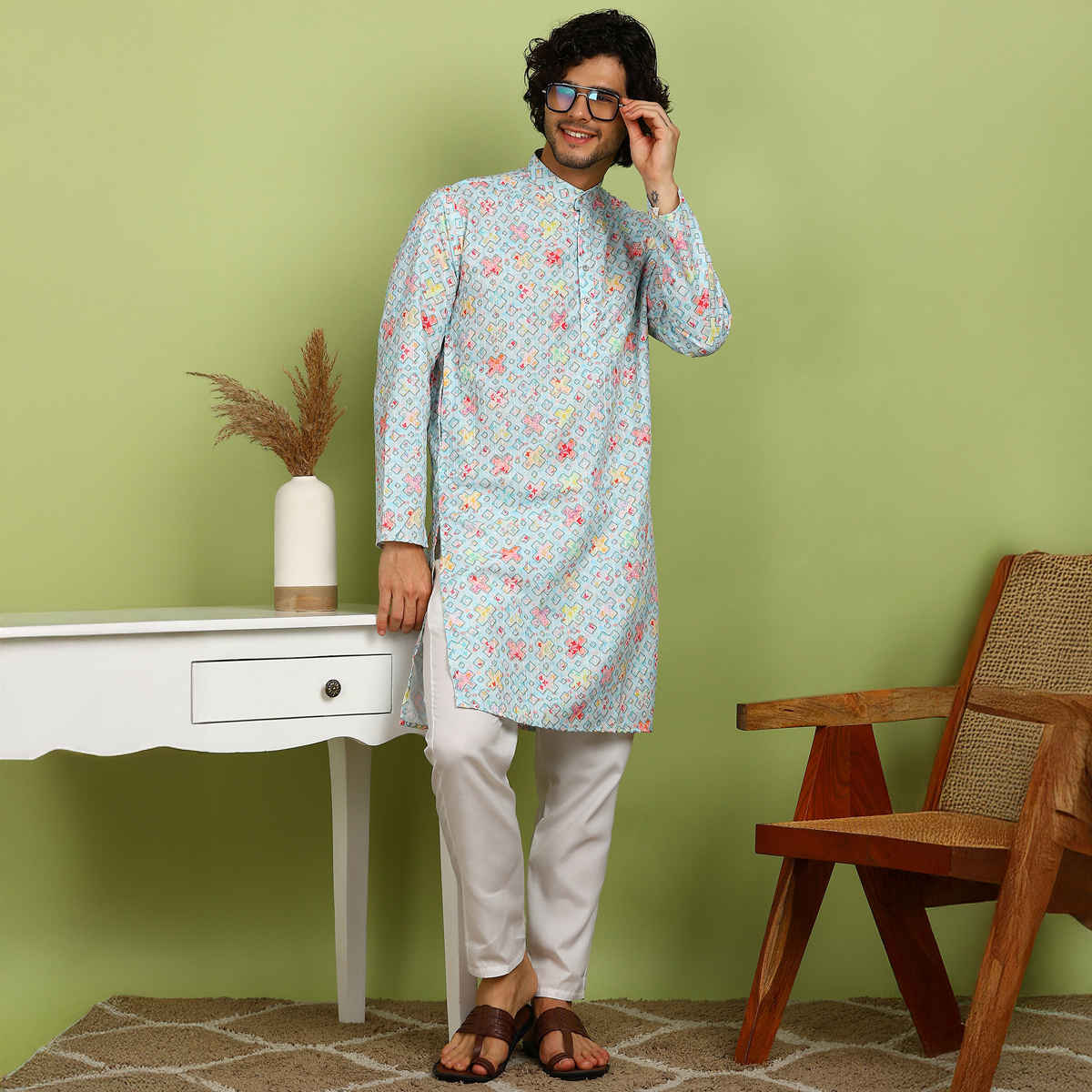 Allan Peter Men's Printed Long Kurta | Orange - XL
