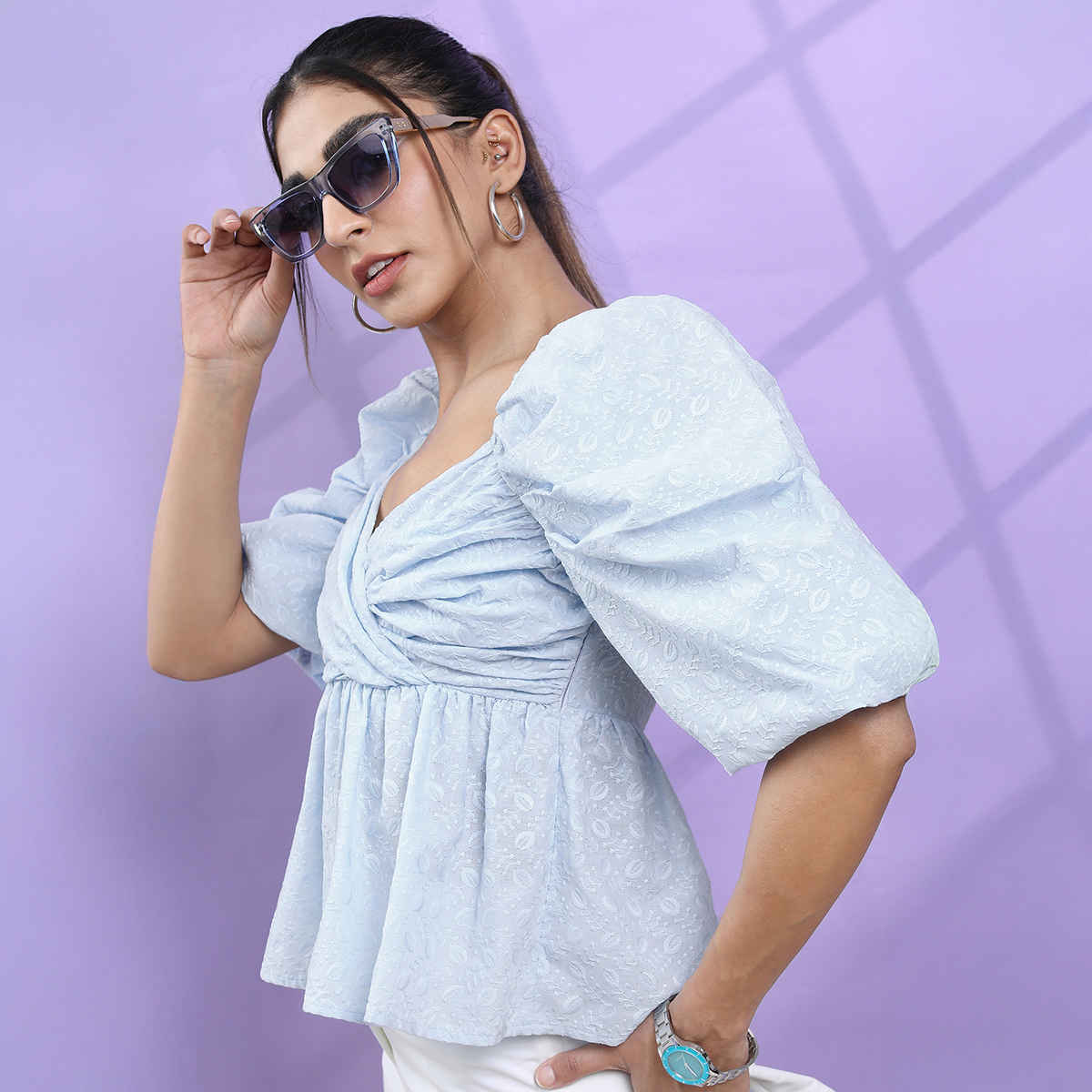 Tokyo Talkies Women's Sweetheart Neck Puff Sleeves Self Design Wrap Top | Blue - S