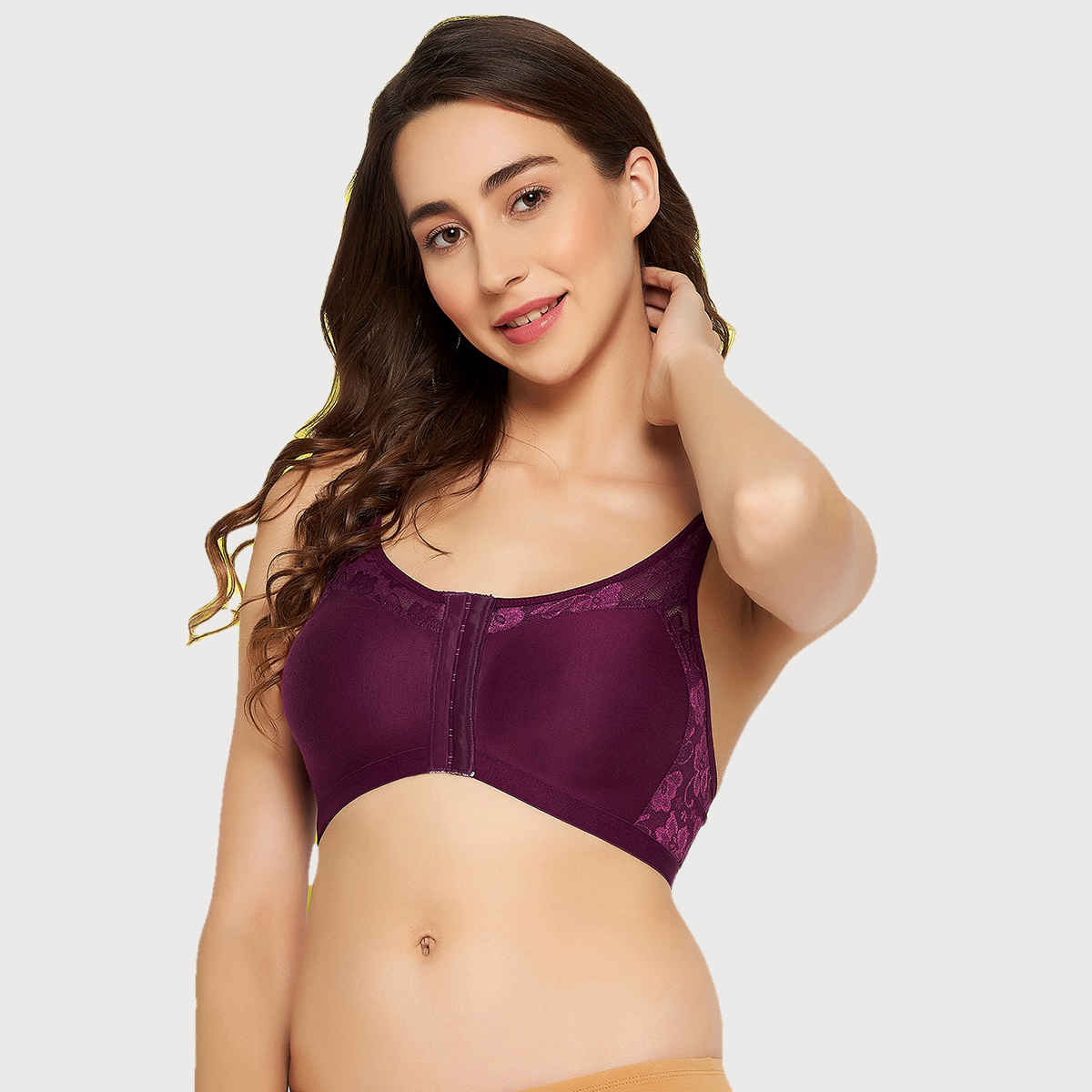 Clovia Women Non-Padded Non-Wired Spacer Cup Front Open Figure Bra - Cotton Rich | Purple | 34B