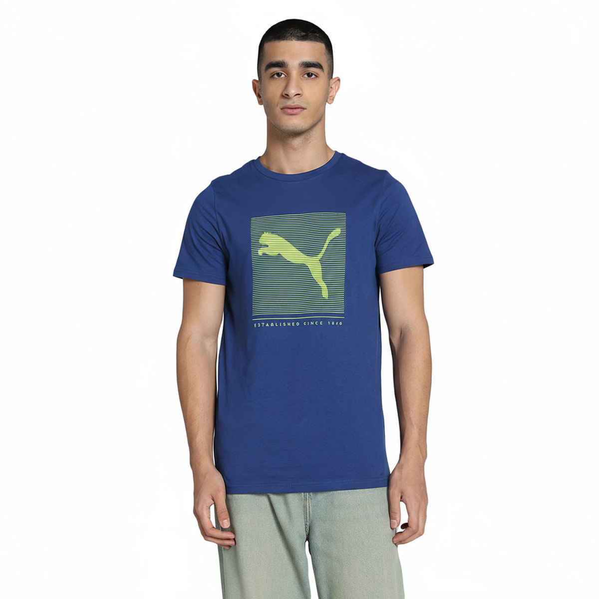 Puma Men's T-Shirt Striped Logo Graphic - Blue | S