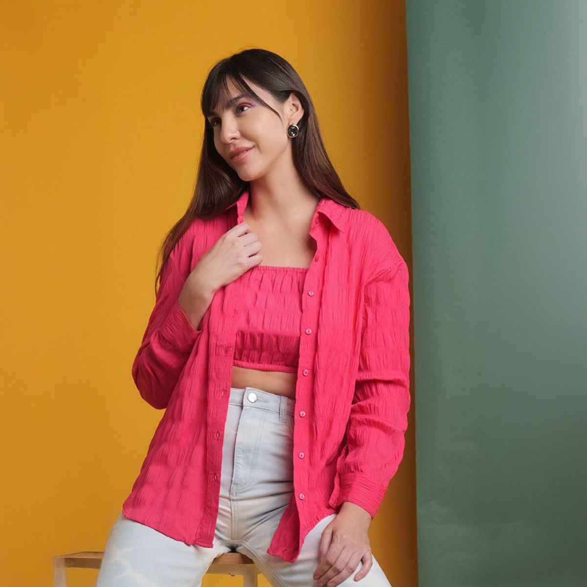 Freehand Women's Oversized Fit Solid Casual Collared Neck Shirt | Pink - M