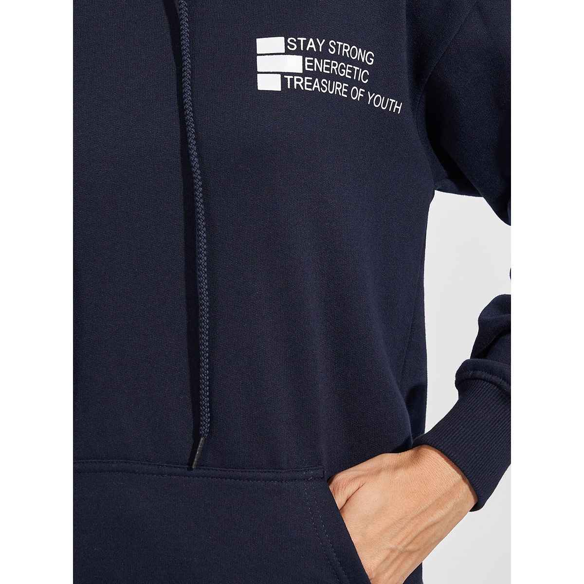 Styli Women Regular Fit Longline Slogan Print Hoodie Navy Blue | S