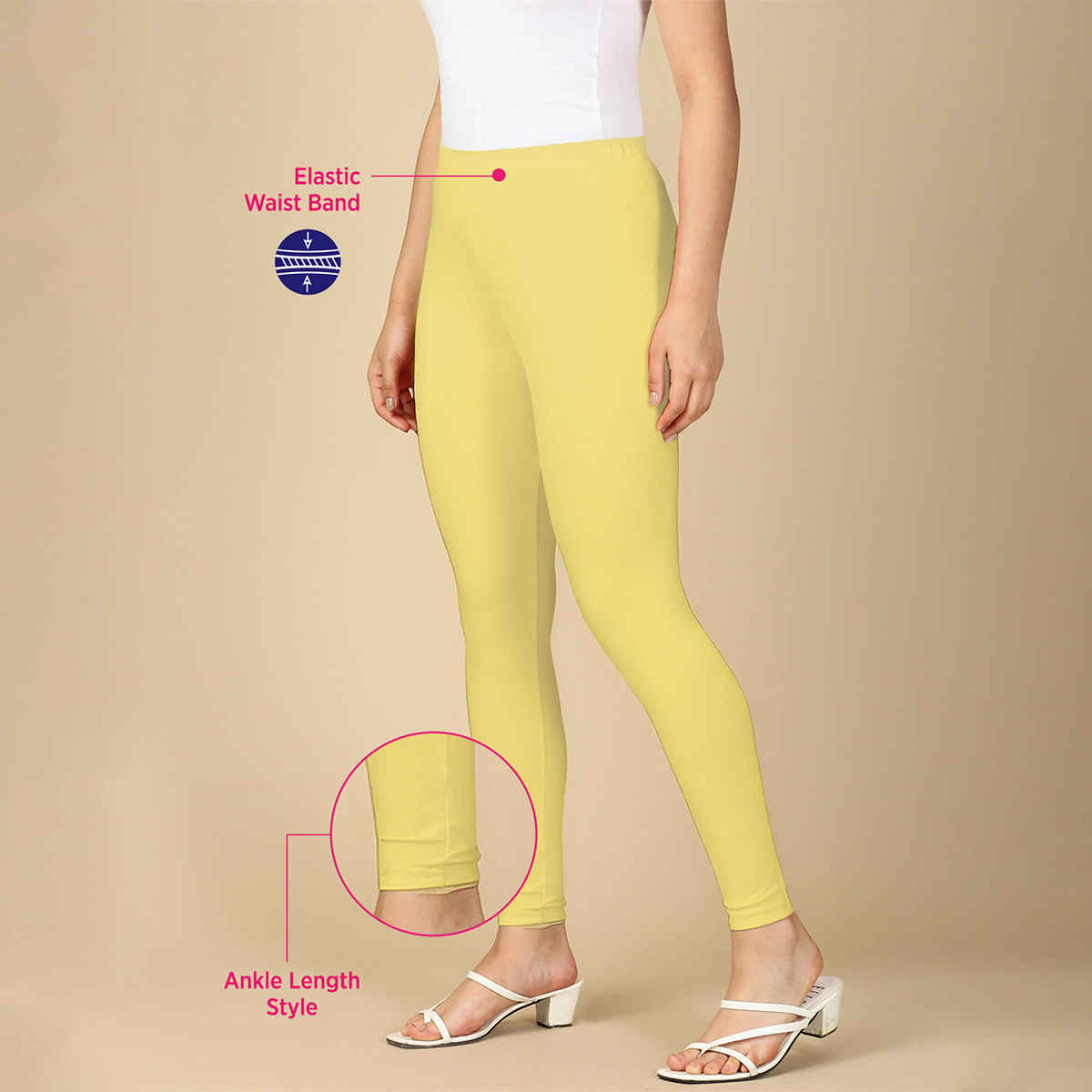 PYNK By Lux Cozi Women Flexi-Fit 360 Stretch Ankle Length Prime Cotton Leggings|LT Lemon|Free Size