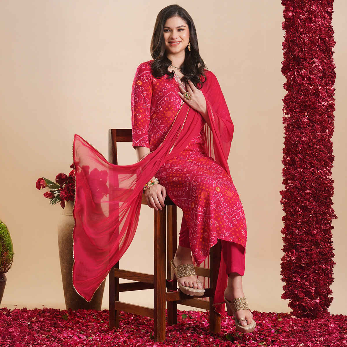 GoSriKi Women's Rayon Blend Straight Printed Kurta with Pant & Dupatta | TURAE | Rani - M