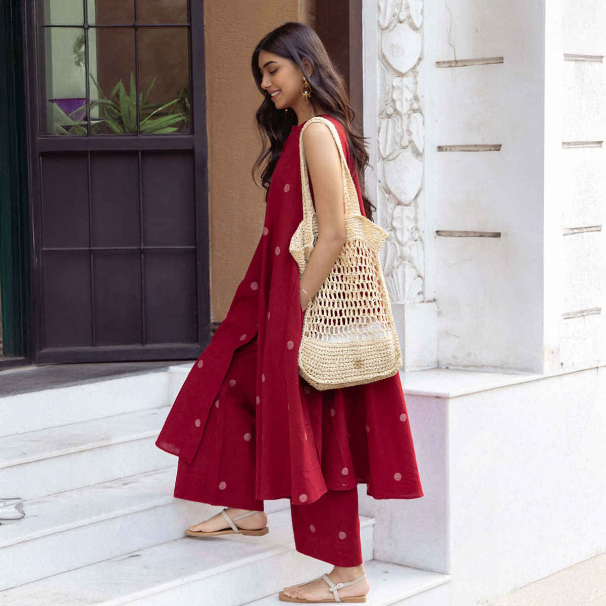 GoSriKi Women's Viscose Rayon Anarkali Polka Print Kurta with Palazzo | Red - XL