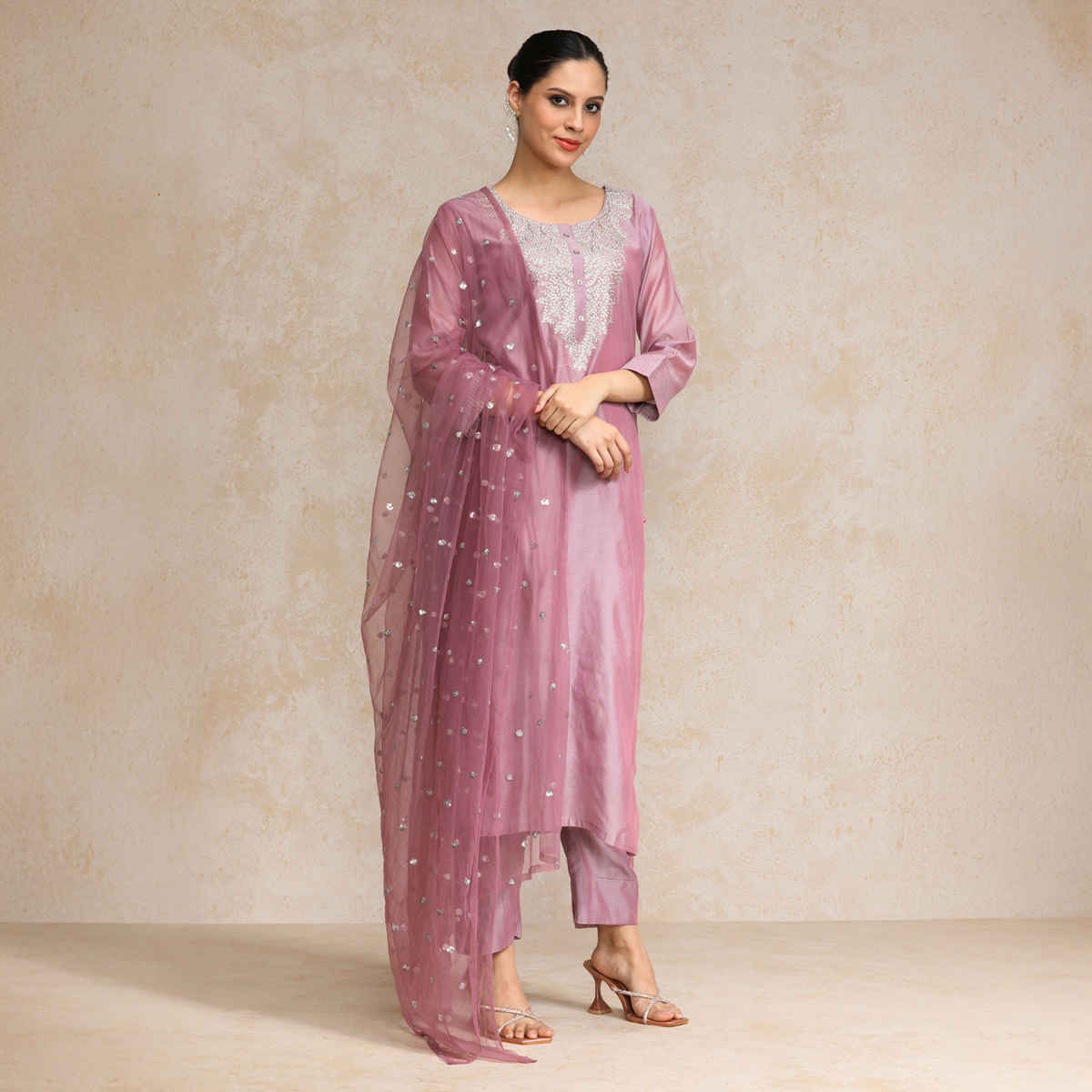Varanga Women's Embroidered Regular Chanderi Silk Kurta with Trousers & Dupatta | Mauve - 2XL