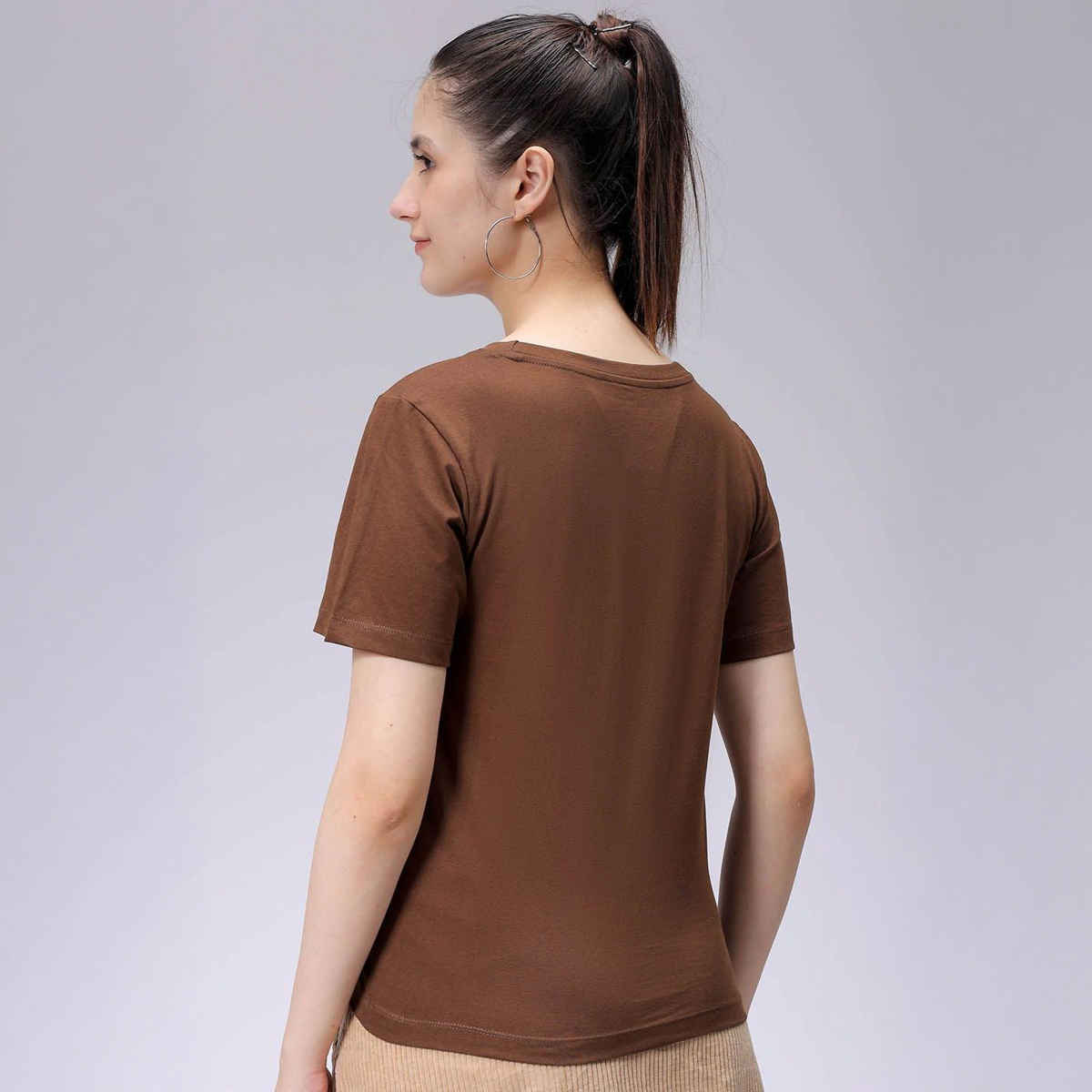 Freehand Women's Casual Regular Solid Crew Neck T-shirt | 0424-Zfhcntee3-09 | Sepia - L