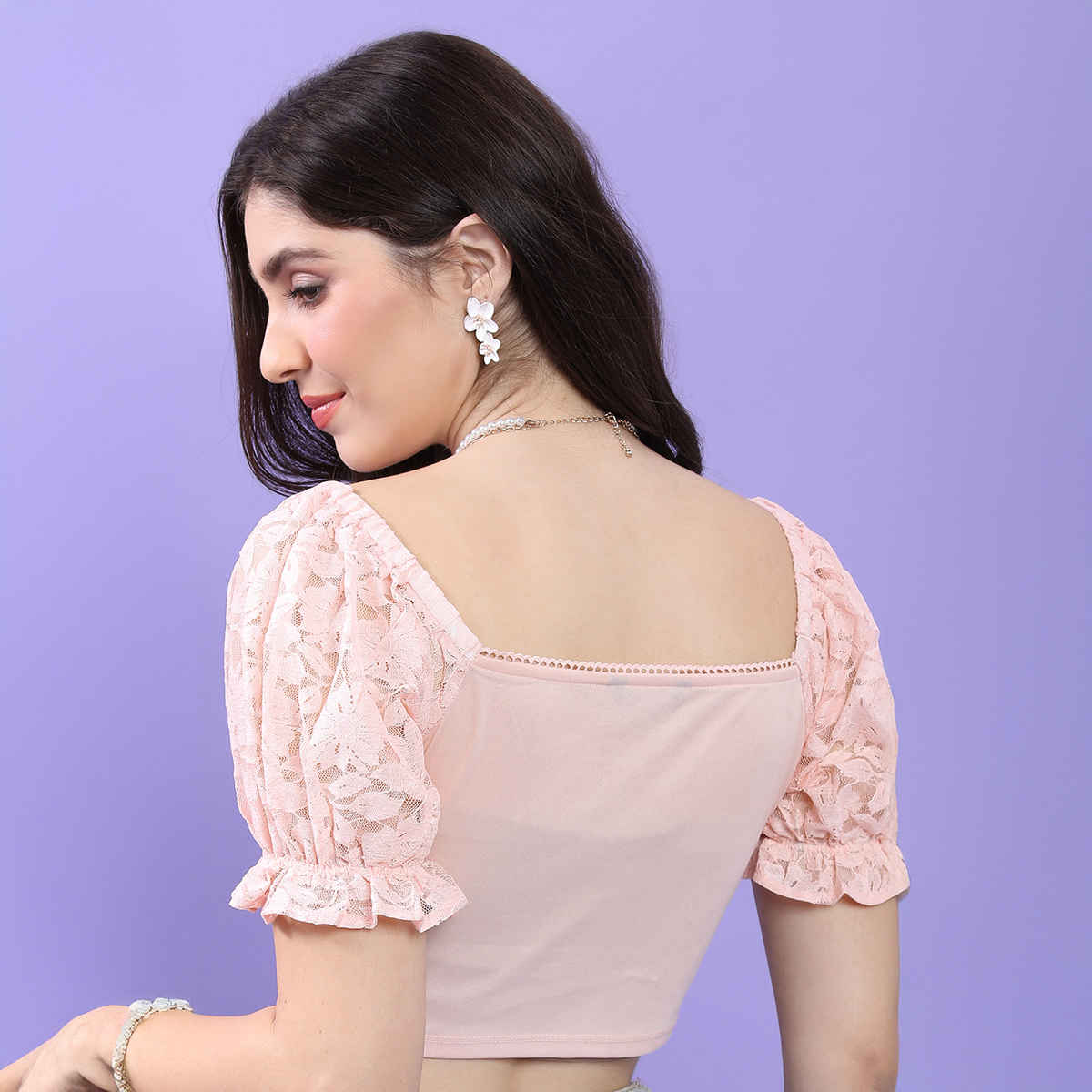 Tokyo Talkies Women's Floral Self Design Puff Sleeves Fitted Crop Top | Pink - L