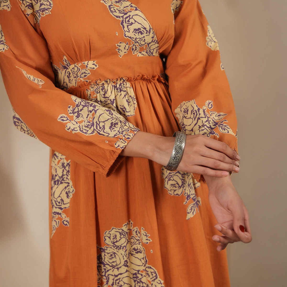 Rangdeep Women s Cotton Floral Printed Fit and Flare Ethnic Dresses | Brown | L