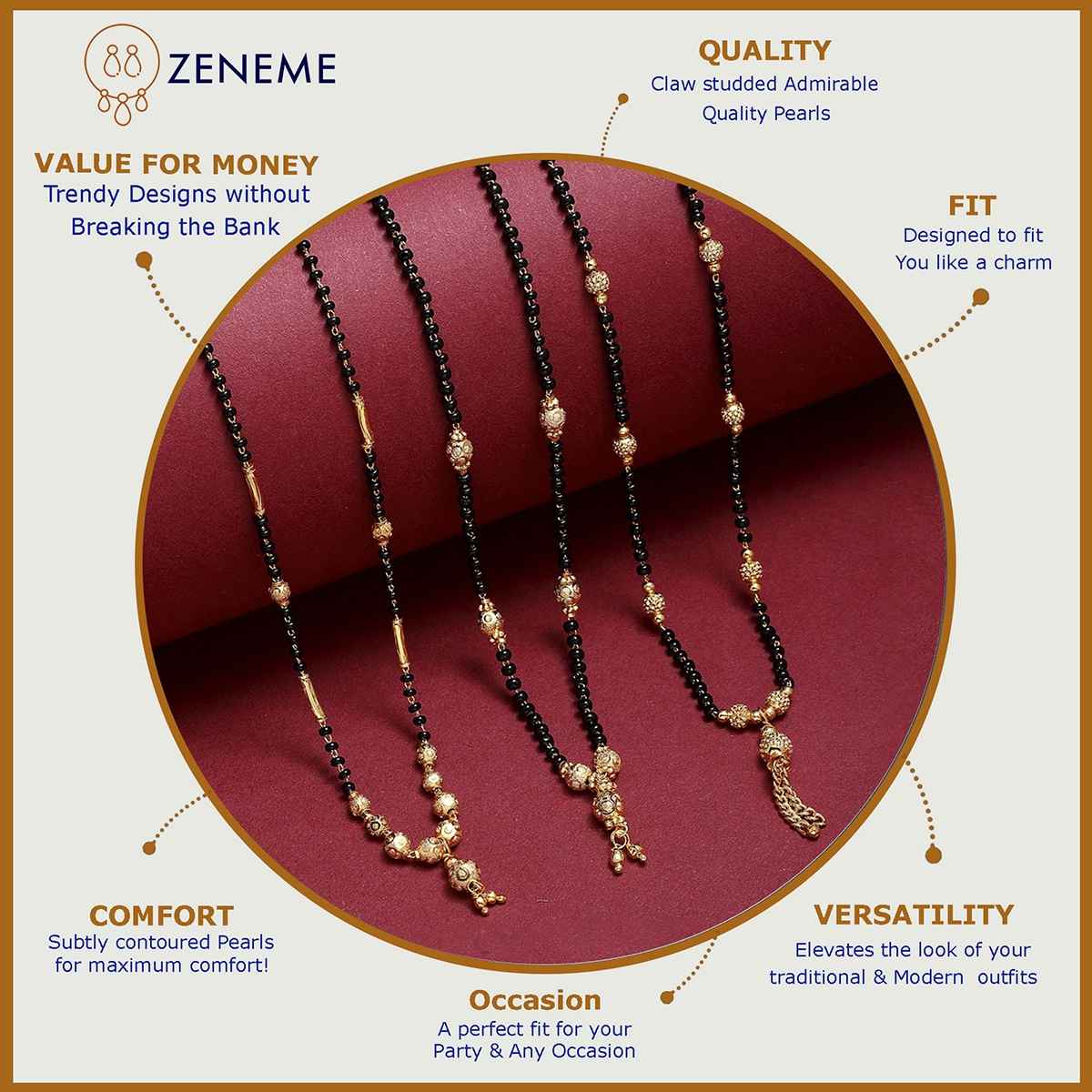 Zeneme Gold Plated Black Beaded Mangalsutras For Women