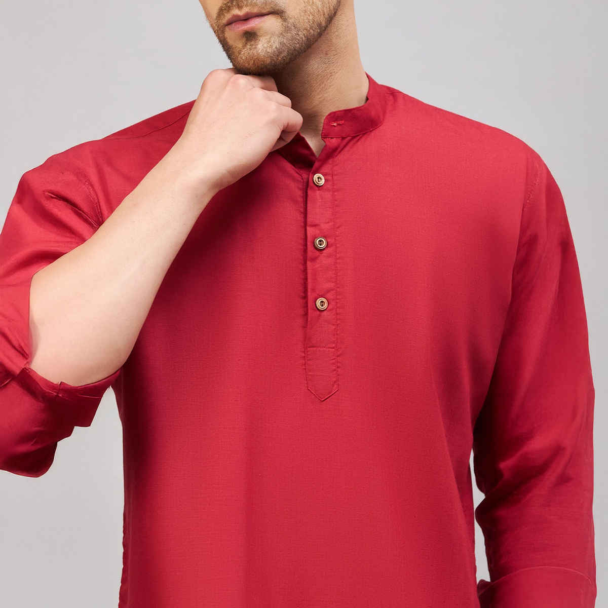 Vastramay Men's Cotton Blend Short Kurta for Eid | Maroon - M