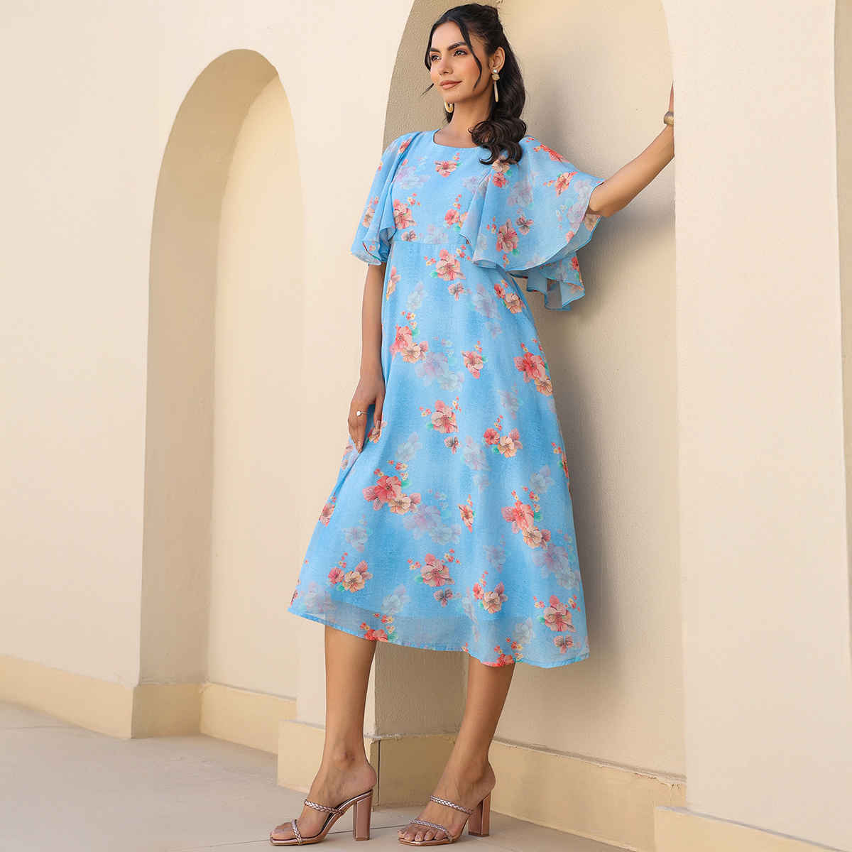 Janasya Women's Georgette Floral Printed A-line Dress | Blue - L