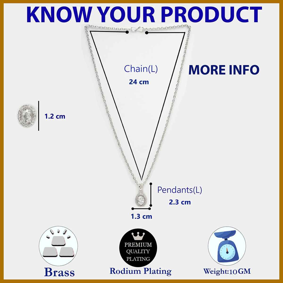 Zeneme Rhodium-Plated American Diamond-Studded Oval Necklace and Earrings For Women & Girls