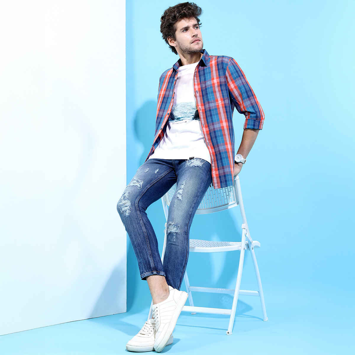 HIGHLANDER Men's Slim Fit Checked Casual Shirt | Blue and Orange - S
