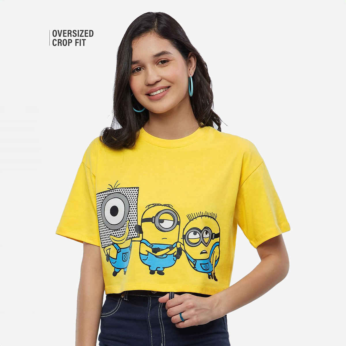 The Souled Store Women's Minions Stay Weird Stay Happy Oversized Cropped T-shirt | Yellow - XS