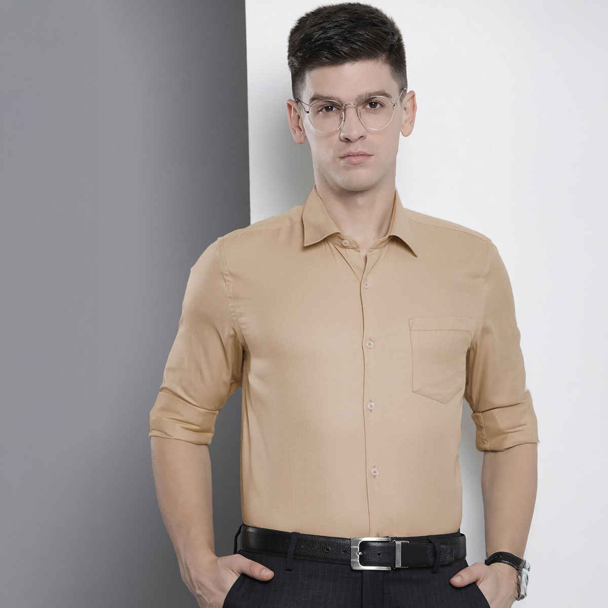 The Indian Garage Co Men's Slim Fit Solid Formal Shirt | Beige - M