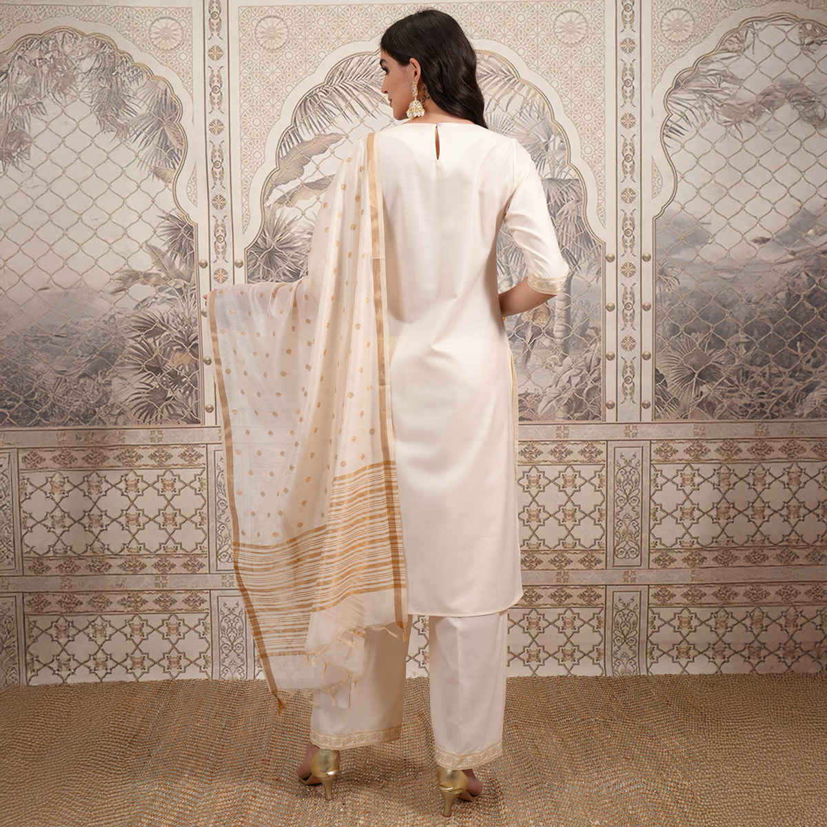 Vishudh Women's Foil Print Straight Kurta with Cropped Palazzo with Dupatta | PVK3000037 | Cream -L