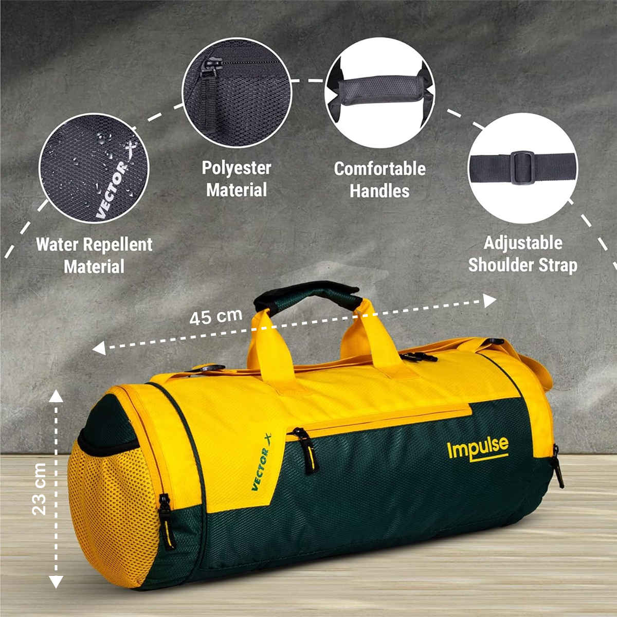 Vector X Unisex Polyester 26 L Gym Bag | Yellow