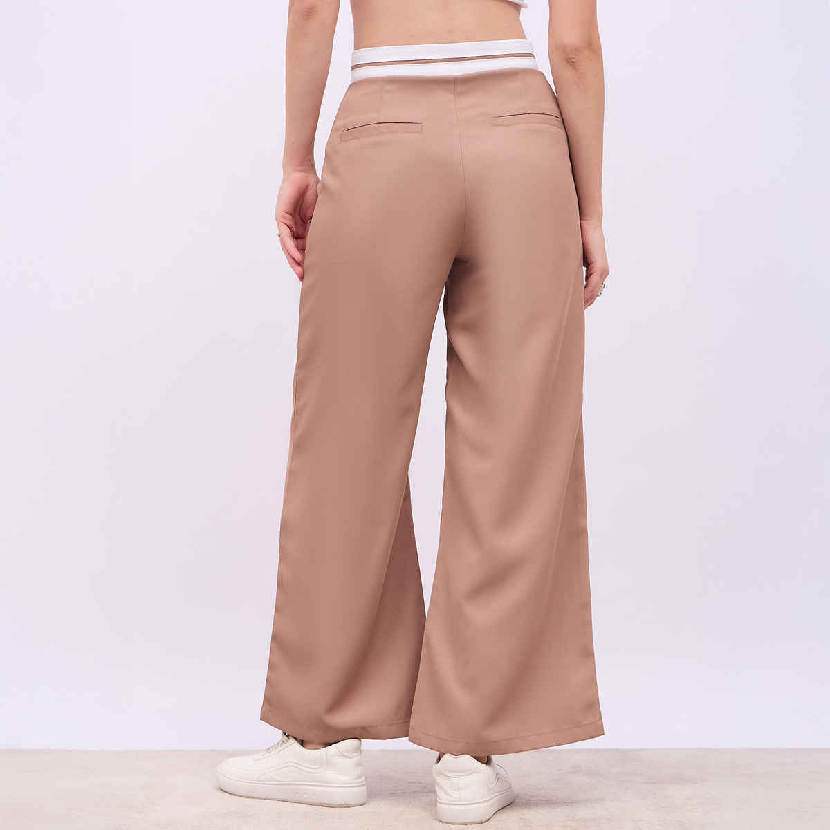 Styli Women's Solid Wide Leg Pant with Cut & Sew Constructive Waistband | Beige - M
