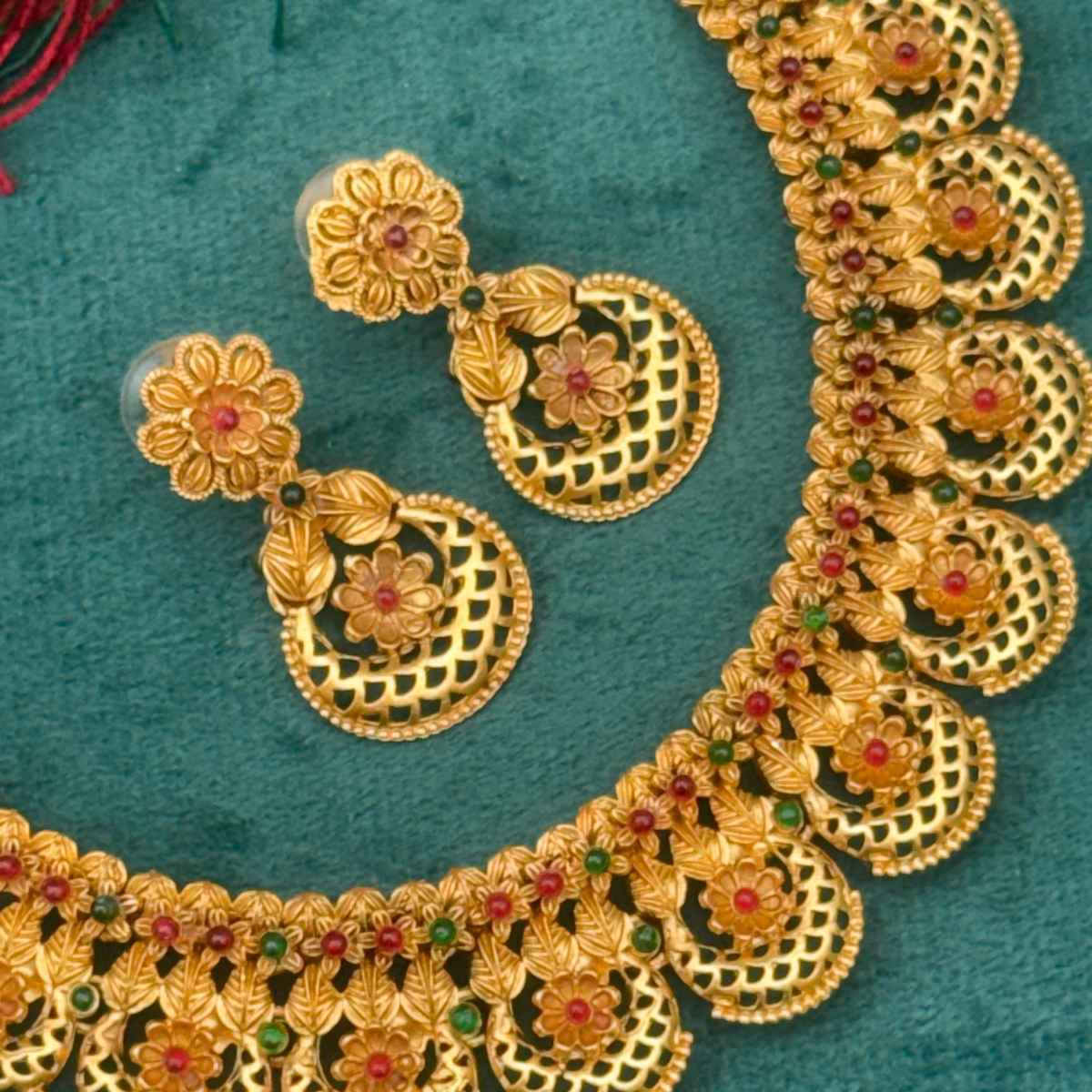 The Opal Factory Choker Necklace Set Flower, Leaf, Crescent Motifs with Stone Work and Earrings