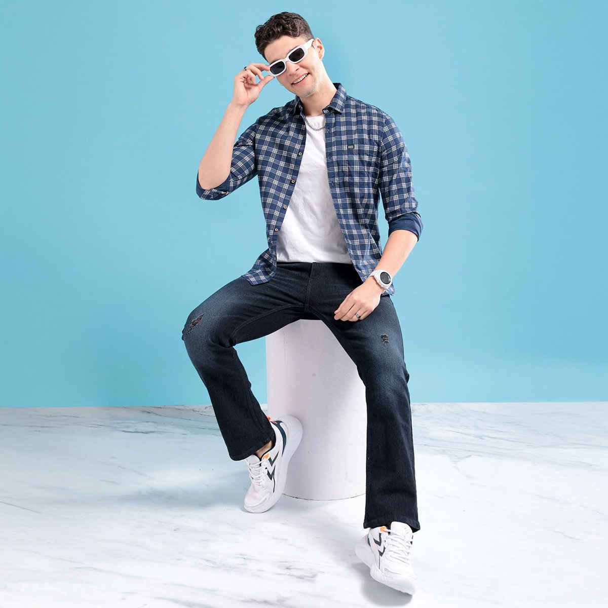 The Indian Garage Co Men's Slim Fit Checked Casual | Navy Blue | M