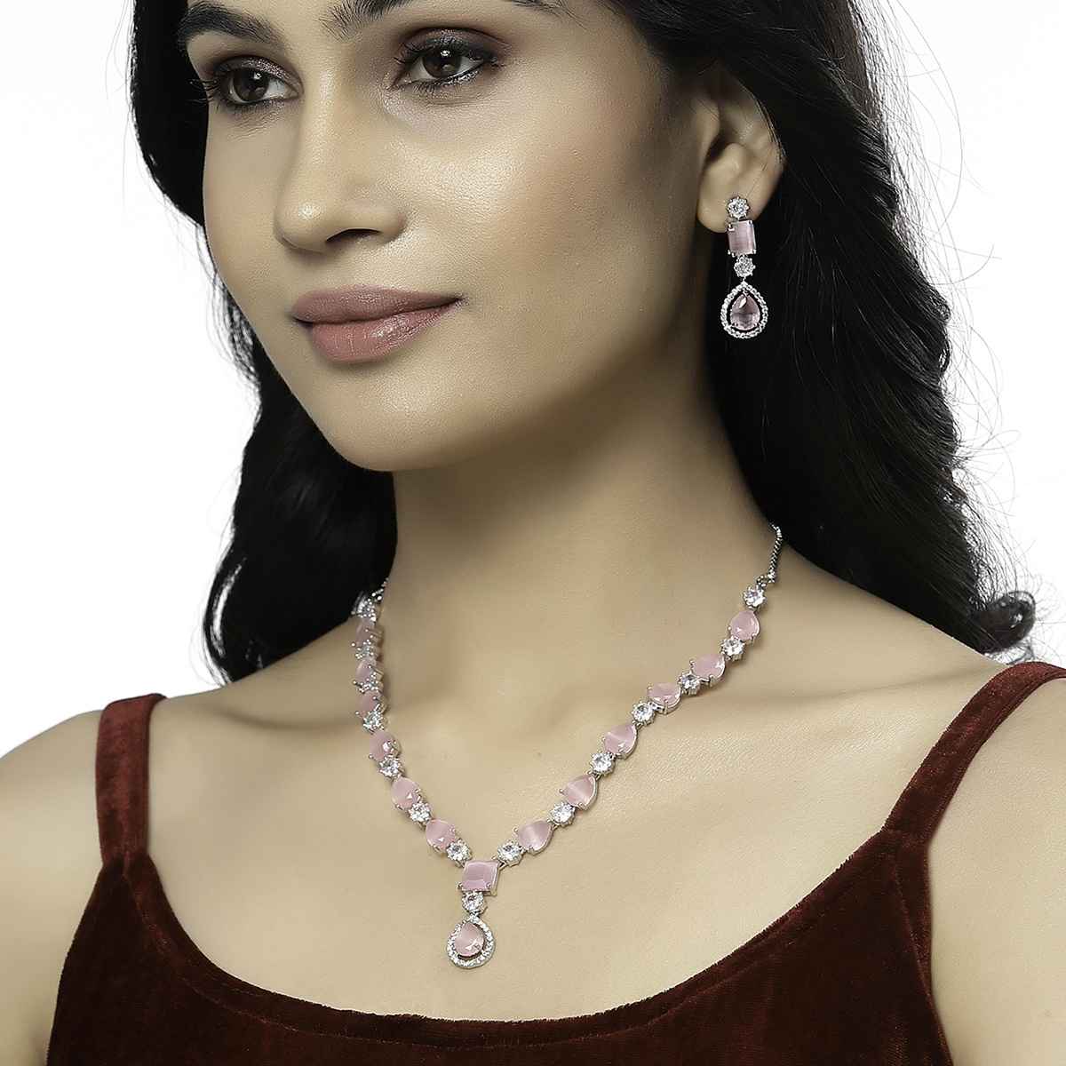Zeneme Rhodium Plated AD-Studded Jewellery Set For Women & Girls