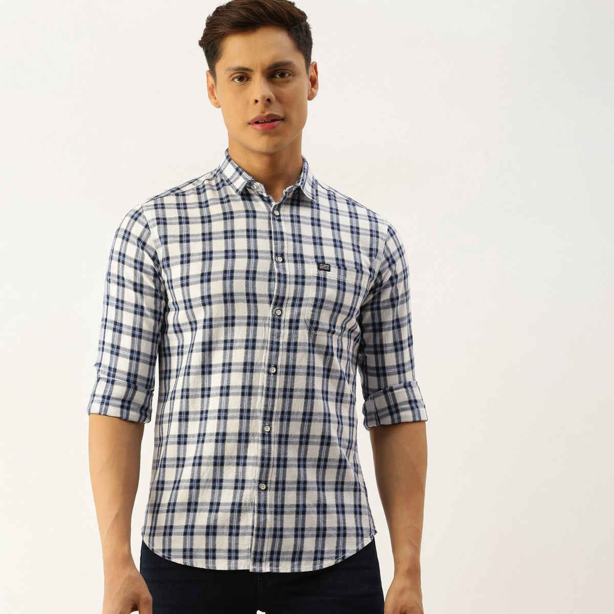 The Indian Garage Co Men's Slim Fit Checkered Casual Shirt | White - M