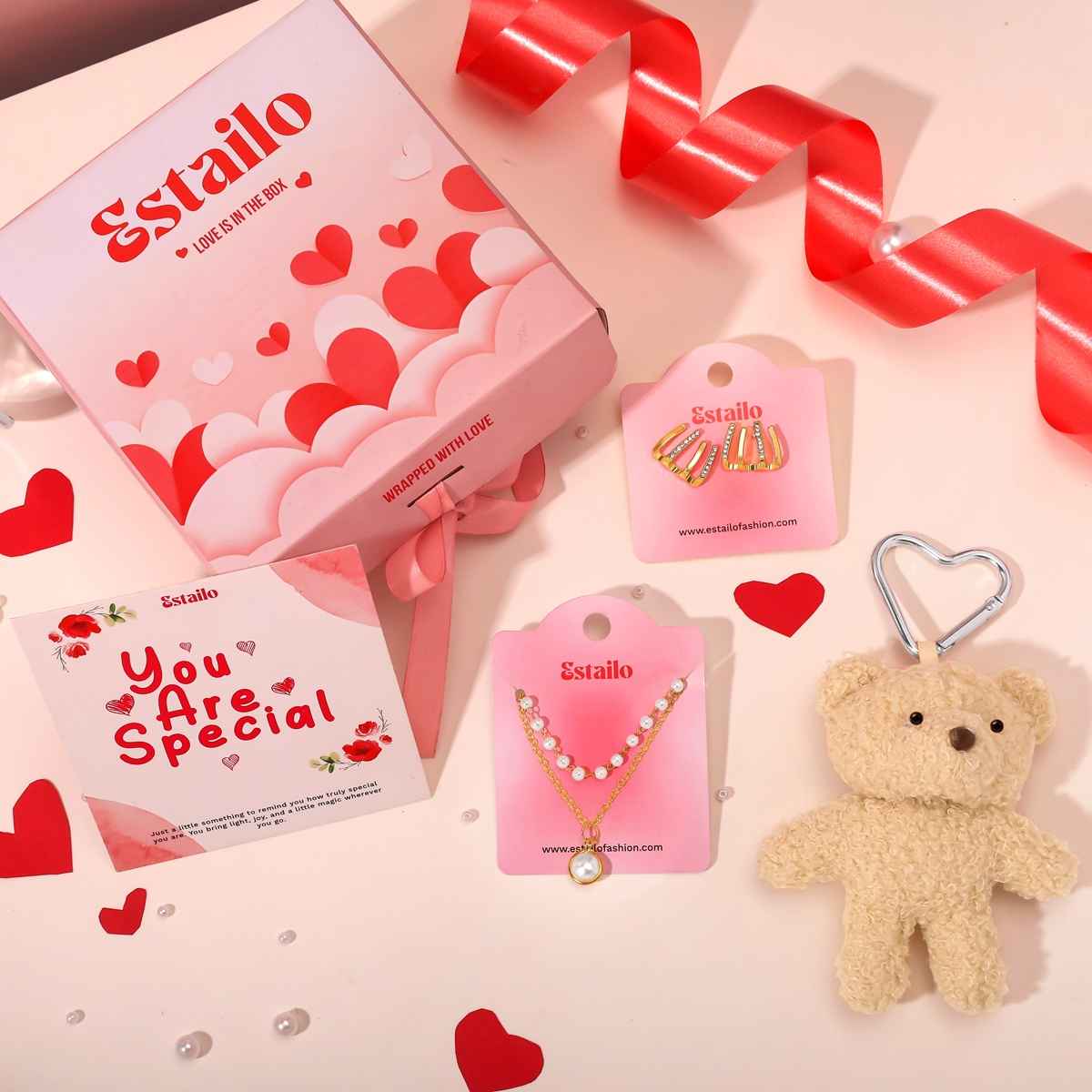 Estailo Fashion Gift Combo Teddy Keychain, Pearl Necklace & Earrings | Women's Day