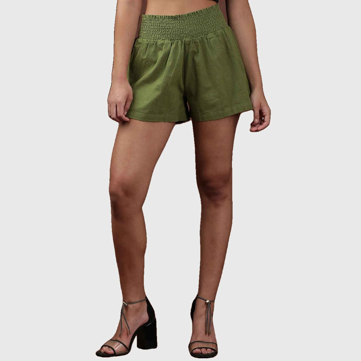 Freehand Women's Casual Flared Solid Smocked Shorts | 0522-Linsho07-01 | Pesto - 28