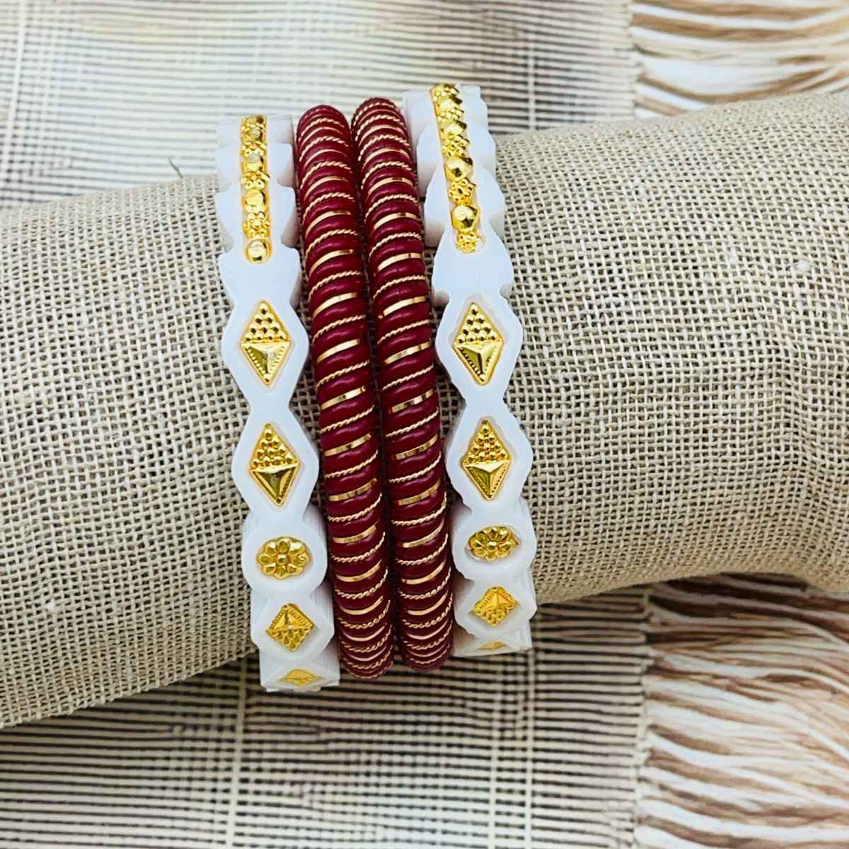The Opal Factory | Sakha Pola | Geometric Gold Embedded Plastic Bangle | White and Red - 2.6