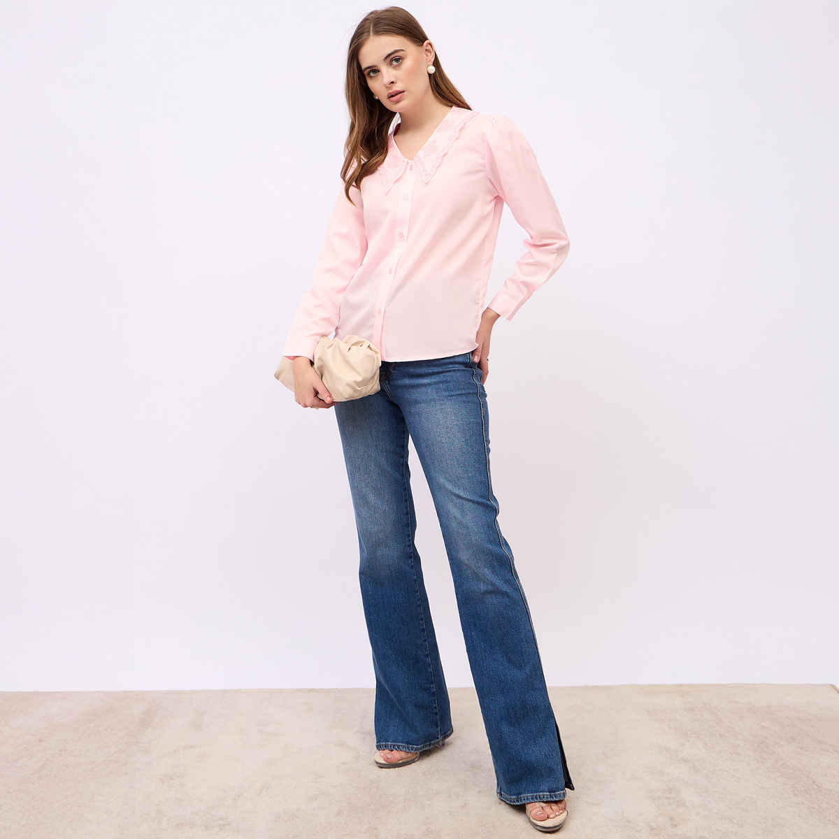 Styli Women's Casual Wear Self Design Slim Collar Long Sleeves Regular Fit Shirts | Pink - M