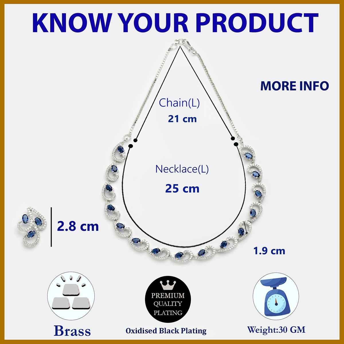 Zeneme Rhodium-Plated Silver-Toned Blue American Diamond Necklace Set & Earrings For Women & Girls