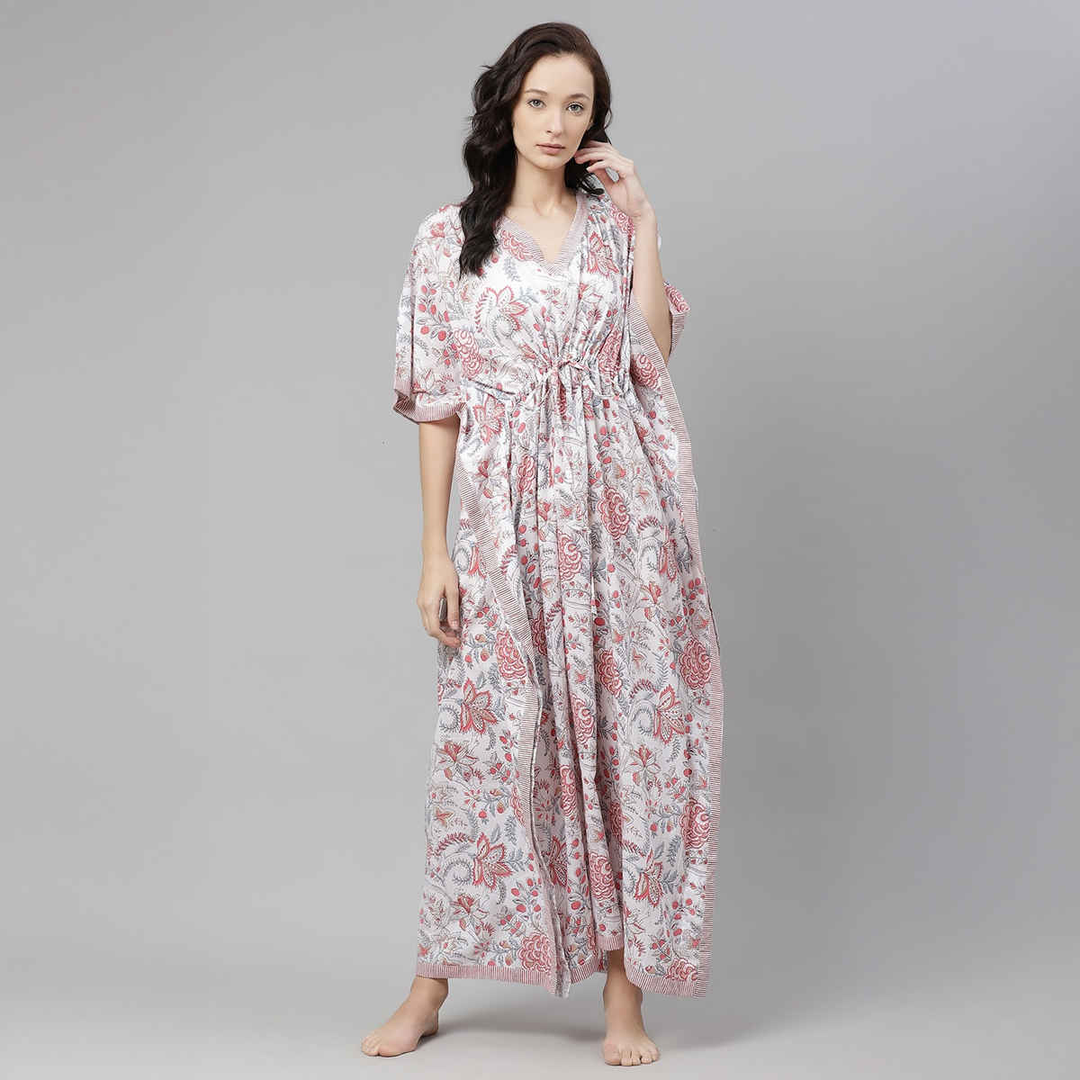 Divena White And Pink Floral Print Women's Kaftan DK0586 | S