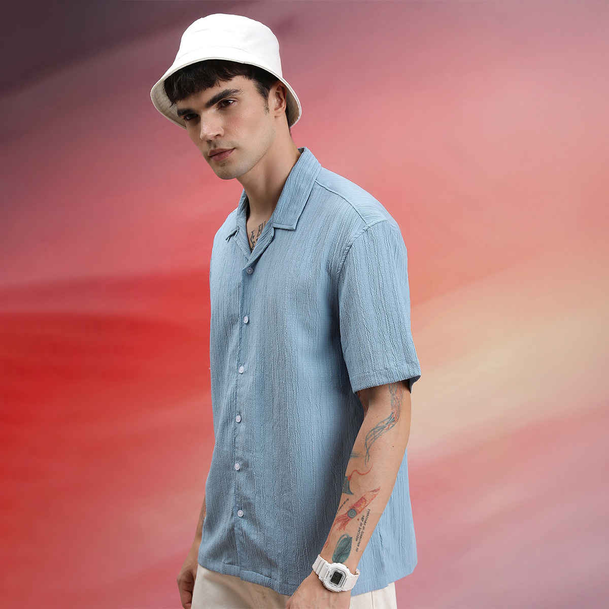 Highlander Men's Self Design Oversized Casual Shirt - Light Blue | L