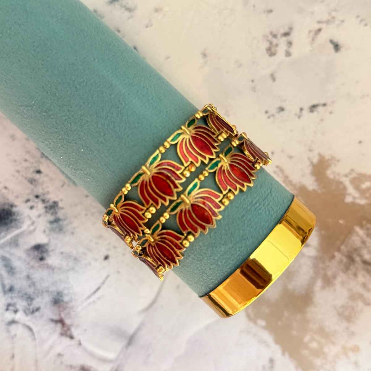 The Opal Factory Metal Bangles with Pink and Golden Lotus Flower Design | Pink and Gold - Size 2.4