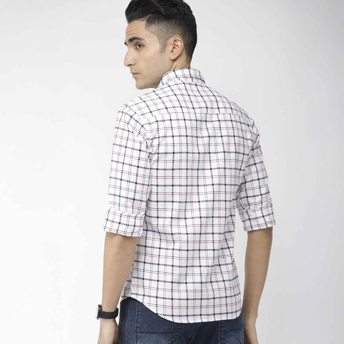 The Indian Garage Co Men's Slim Fit Checkered Casual Shirt | White - L