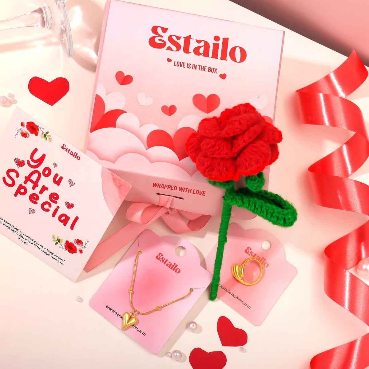 Estailo Fashion Jewellery Combo Necklace & Ring with Rose | Women's Day