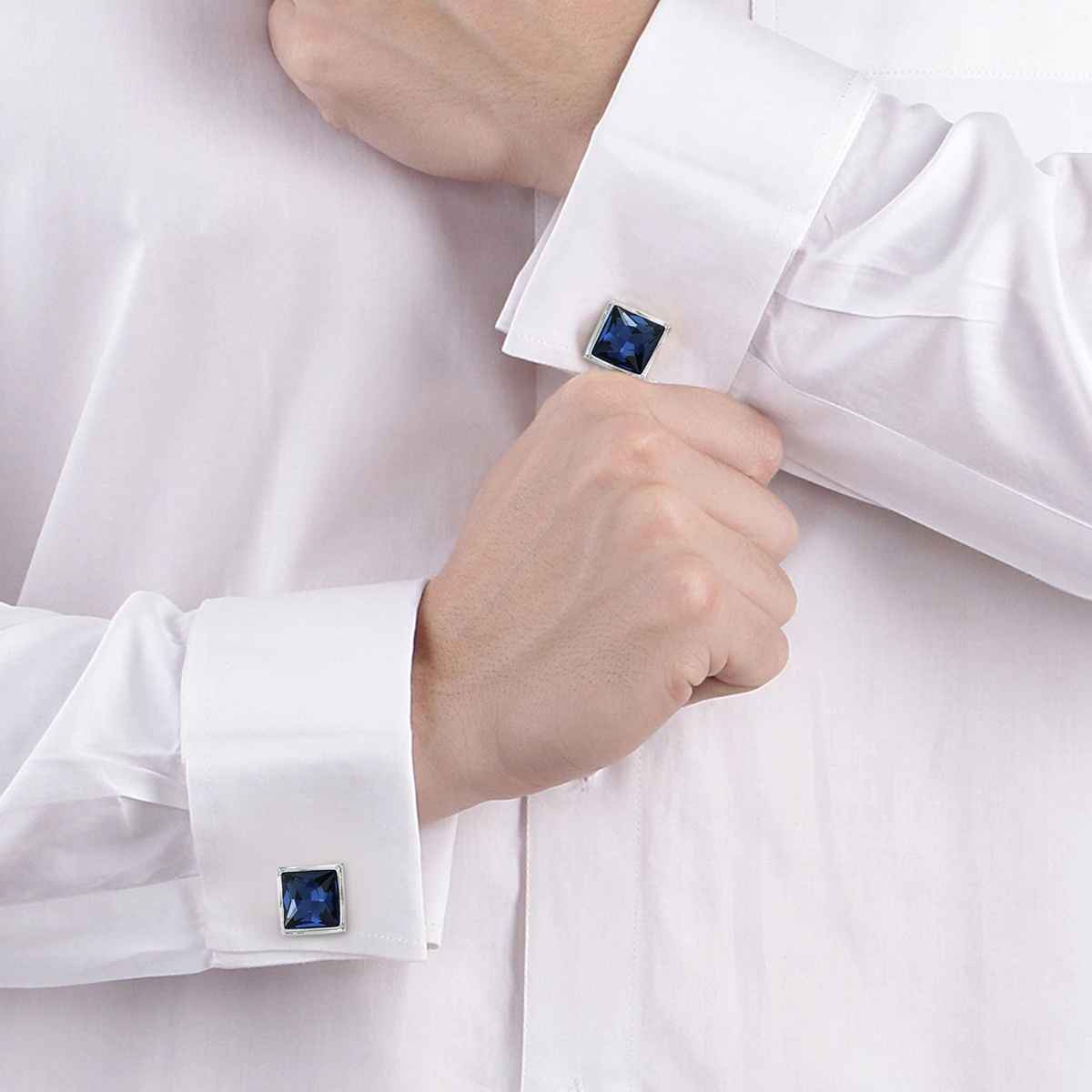 Peora Silver Plated Blue Crystal Cufflinks for Men Boys Wedding Business Gift