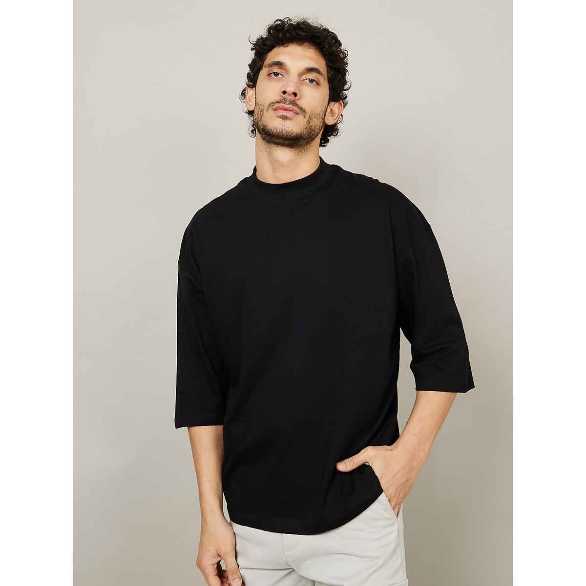 Styli Men's 3/4 Sleeve Drop Shoulder T-shirt with Cartoon Print | Black - L