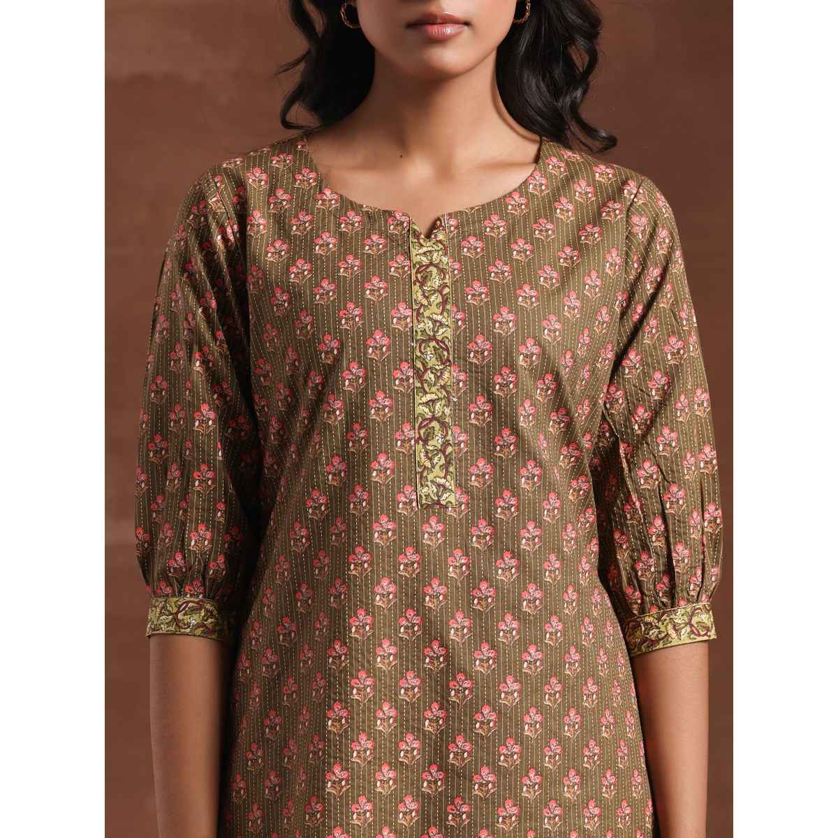 Libas Women Floral Printed Olive Straight Kurti With Thread Work | Olive | XL