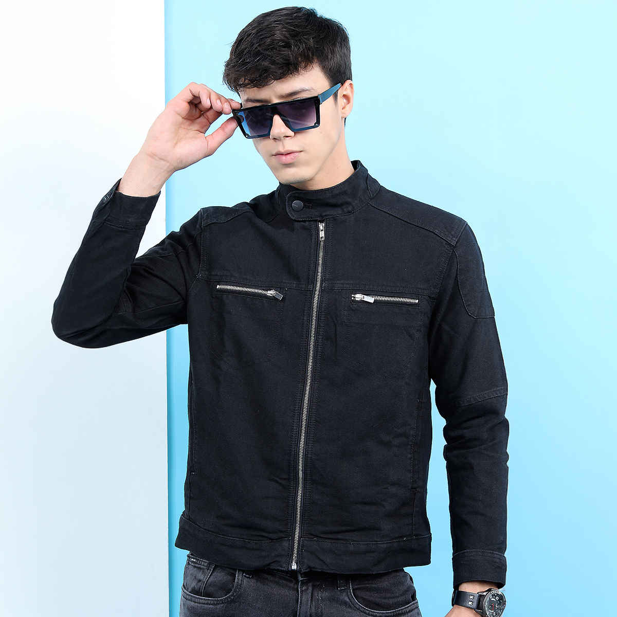 Highlander Men's Black Solid Denim Jacket | Black - L