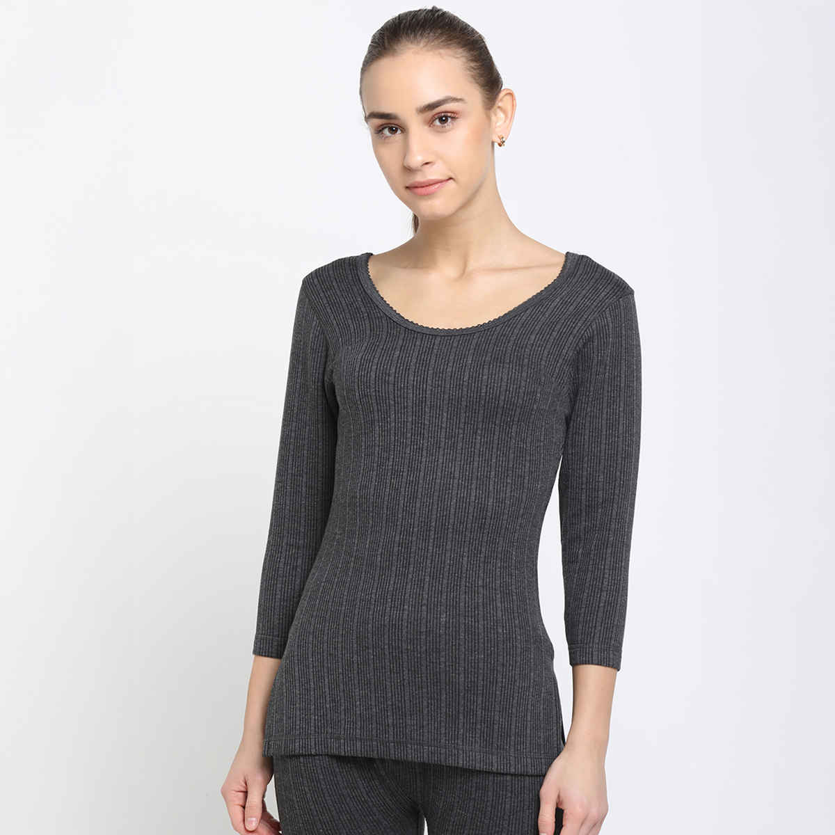 Dixcy Scott Slimz Women's Round Neck 3/4Th Regular Fit Thermal Top | Charcoal Melange - M